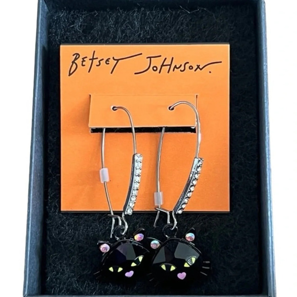 BETSEY JOHNSON Halloween Angular Cut Black Cat with Crystals Dangle Earrings NWT - Picture 8 of 8